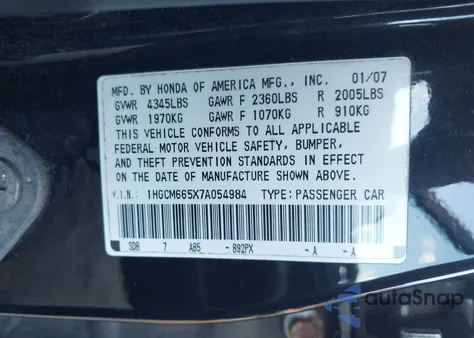 2007 Honda Accord 3.0 Ex из США, поврежденный, VIN 1HGCM665X7A054984